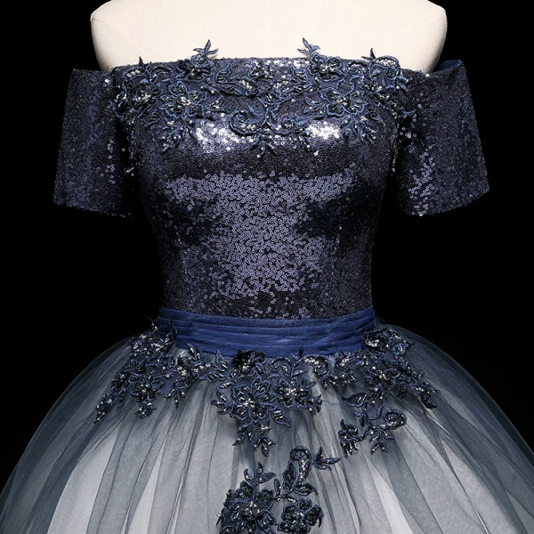 Modern / Fashion Navy Blue Gradient-Color White Prom Dresses 2019 Ball Gown Off-The-Shoulder Short Sleeve Appliques Lace Beading Sash Sequins Floor-Length / Long Ruffle Backless Formal Dresses