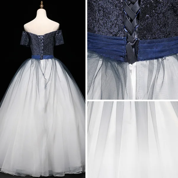 Modern / Fashion Navy Blue Gradient-Color White Prom Dresses 2019 Ball Gown Off-The-Shoulder Short Sleeve Appliques Lace Beading Sash Sequins Floor-Length / Long Ruffle Backless Formal Dresses