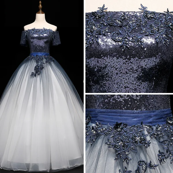 Modern / Fashion Navy Blue Gradient-Color White Prom Dresses 2019 Ball Gown Off-The-Shoulder Short Sleeve Appliques Lace Beading Sash Sequins Floor-Length / Long Ruffle Backless Formal Dresses