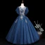 Elegant Navy Blue Prom Dresses 2019 Ball Gown Scoop Neck Short Sleeve Appliques Lace Flower Sash Floor-Length / Long Ruffle Backless Formal Dresses