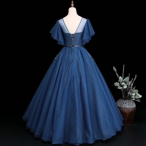 Elegant Navy Blue Prom Dresses 2019 Ball Gown Scoop Neck Short Sleeve Appliques Lace Flower Sash Floor-Length / Long Ruffle Backless Formal Dresses
