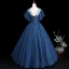 Elegant Navy Blue Prom Dresses 2019 Ball Gown Scoop Neck Short Sleeve Appliques Lace Flower Sash Floor-Length / Long Ruffle Backless Formal Dresses