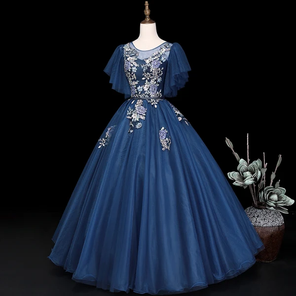 Elegant Navy Blue Prom Dresses 2019 Ball Gown Scoop Neck Short Sleeve Appliques Lace Flower Sash Floor-Length / Long Ruffle Backless Formal Dresses