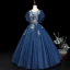 Elegant Navy Blue Prom Dresses 2019 Ball Gown Scoop Neck Short Sleeve Appliques Lace Flower Sash Floor-Length / Long Ruffle Backless Formal Dresses