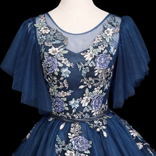 Elegant Navy Blue Prom Dresses 2019 Ball Gown Scoop Neck Short Sleeve Appliques Lace Flower Sash Floor-Length / Long Ruffle Backless Formal Dresses