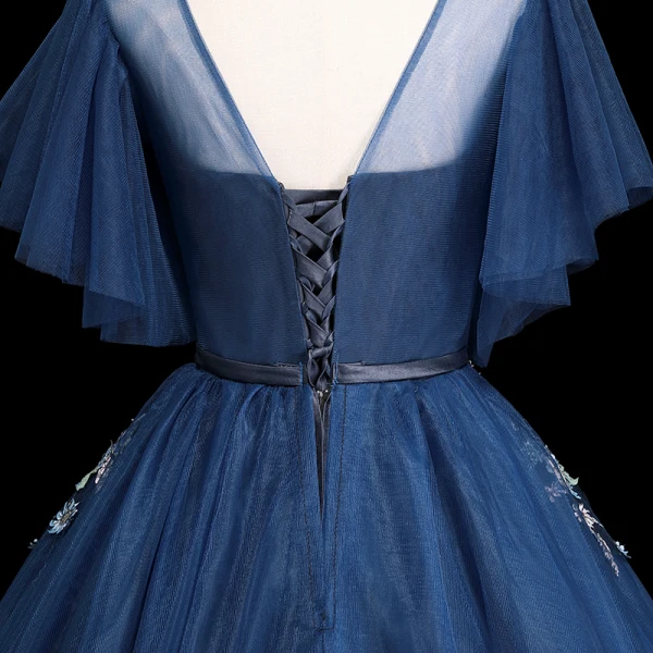 Elegant Navy Blue Prom Dresses 2019 Ball Gown Scoop Neck Short Sleeve Appliques Lace Flower Sash Floor-Length / Long Ruffle Backless Formal Dresses
