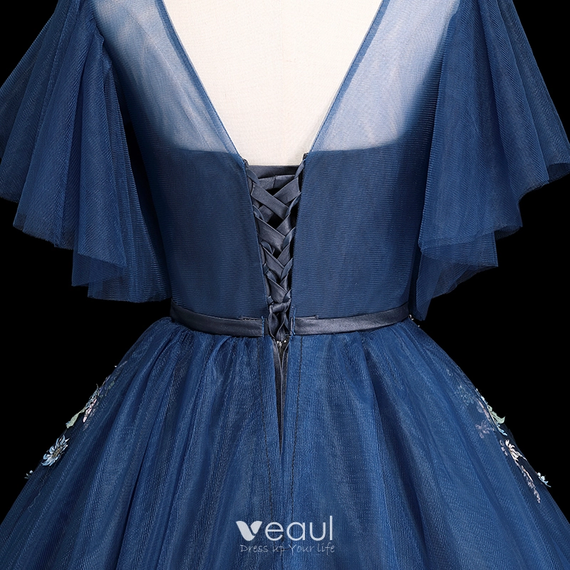 Elegant Navy Blue Prom Dresses 2019 Ball Gown Scoop Neck Short Sleeve  Appliques Lace Flower Sash Floor-Length / Long Ruffle Backless Formal  Dresses
