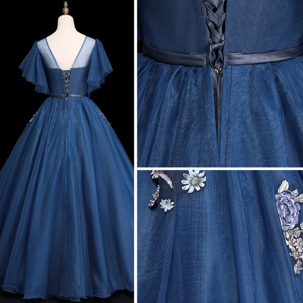 Elegant Navy Blue Prom Dresses 2019 Ball Gown Scoop Neck Short Sleeve Appliques Lace Flower Sash Floor-Length / Long Ruffle Backless Formal Dresses