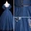 Elegant Navy Blue Prom Dresses 2019 Ball Gown Scoop Neck Short Sleeve Appliques Lace Flower Sash Floor-Length / Long Ruffle Backless Formal Dresses