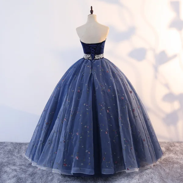 Vintage Quinceañera Mørk Marineblå Ballkjoler 2019 Ballkjole Kjæreste Uten Ermer Appliques Perle Blonder Lange Buste Ryggløse Formelle Kjoler