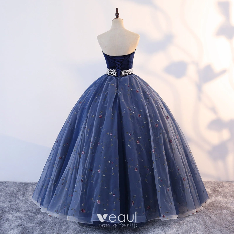 navy blue and silver quinceanera dresses Strapless Long Sleeves Dark Navy Quinceanera Dress with Beaded Gold Ap –  WADAYUYU Dresses main image 0