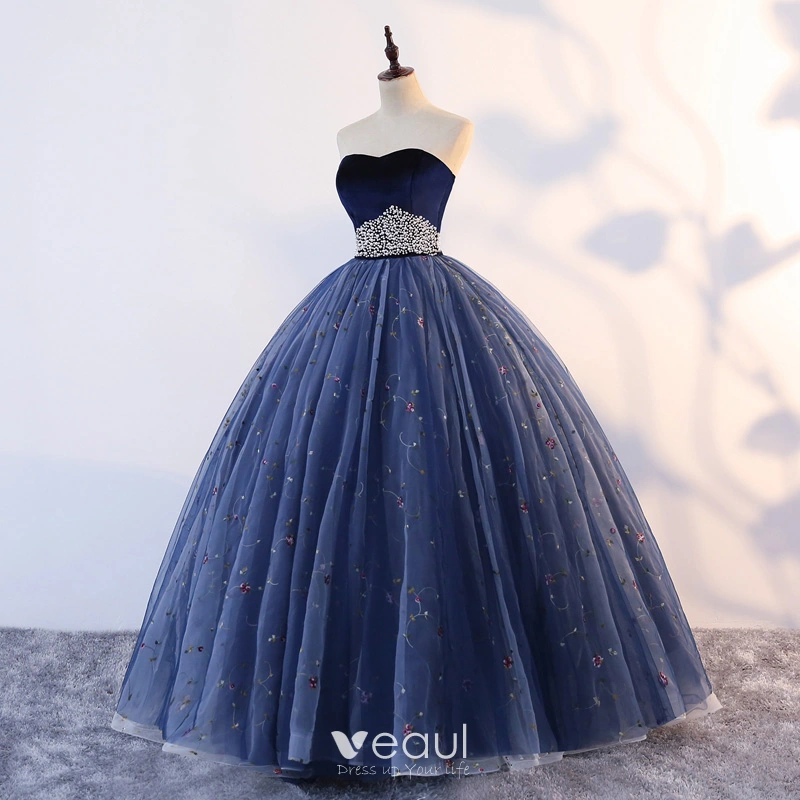 Vintage Retro Quinceanera Navy Blue Prom Dresses 2019 Ball Gown Sweetheart Sleeveless Appliques Pearl Lace Floor Length Long Ruffle Backless Formal Dresses