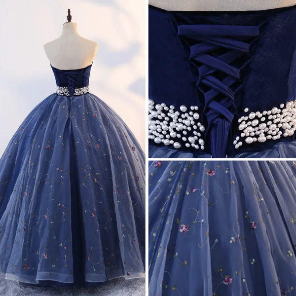 Vintage Quinceañera Mørk Marineblå Ballkjoler 2019 Ballkjole Kjæreste Uten Ermer Appliques Perle Blonder Lange Buste Ryggløse Formelle Kjoler