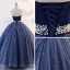 Vintage Quinceañera Mørk Marineblå Ballkjoler 2019 Ballkjole Kjæreste Uten Ermer Appliques Perle Blonder Lange Buste Ryggløse Formelle Kjoler
