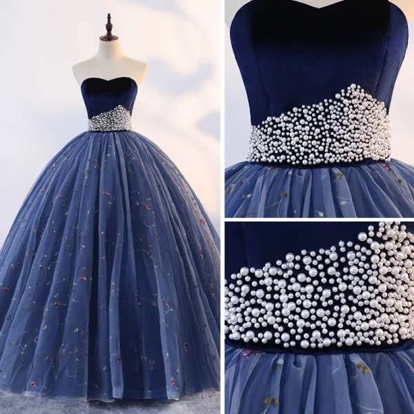 Vintage Quinceañera Mørk Marineblå Ballkjoler 2019 Ballkjole Kjæreste Uten Ermer Appliques Perle Blonder Lange Buste Ryggløse Formelle Kjoler