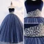 Vintage Quinceañera Mørk Marineblå Ballkjoler 2019 Ballkjole Kjæreste Uten Ermer Appliques Perle Blonder Lange Buste Ryggløse Formelle Kjoler