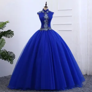 Chinese Stijl Koninklijk Blauw Galajurken 2019 Baljurk Hoge Kraag Mouwloos Appliques Geborduurde Parel Lange Ruche Gelegenheid Jurken