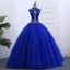 Style Chinois Bleu Roi Robe De Bal 2019 Robe Boule Col Haut Sans Manches Appliques Brodé Perle Longue Volants Robe De Ceremonie