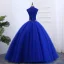 Style Chinois Bleu Roi Robe De Bal 2019 Robe Boule Col Haut Sans Manches Appliques Brodé Perle Longue Volants Robe De Ceremonie