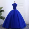 Chinese style Royal Blue Prom Dresses 2019 Ball Gown High Neck Sleeveless Appliques Embroidered Pearl Floor-Length / Long Ruffle Formal Dresses