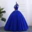 Style Chinois Bleu Roi Robe De Bal 2019 Robe Boule Col Haut Sans Manches Appliques Brodé Perle Longue Volants Robe De Ceremonie