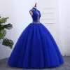 Chinese style Royal Blue Prom Dresses 2019 Ball Gown High Neck Sleeveless Appliques Embroidered Pearl Floor-Length / Long Ruffle Formal Dresses