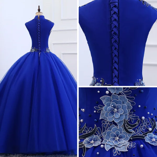 Style Chinois Bleu Roi Robe De Bal 2019 Robe Boule Col Haut Sans Manches Appliques Brodé Perle Longue Volants Robe De Ceremonie