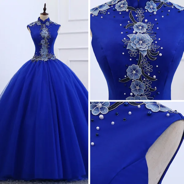 Style Chinois Bleu Roi Robe De Bal 2019 Robe Boule Col Haut Sans Manches Appliques Brodé Perle Longue Volants Robe De Ceremonie