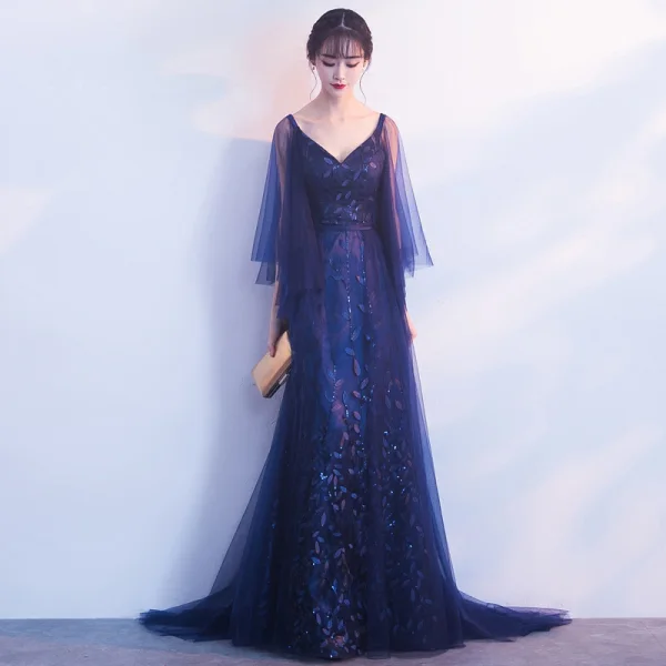 Élégant Bleu Marine Robe De Soirée 2019 Princesse V-Cou 3/4 Manches Appliques En Dentelle Glitter Tulle Train De Balayage Volants Dos Nu Robe De Ceremonie