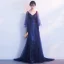 Élégant Bleu Marine Robe De Soirée 2019 Princesse V-Cou 3/4 Manches Appliques En Dentelle Glitter Tulle Train De Balayage Volants Dos Nu Robe De Ceremonie