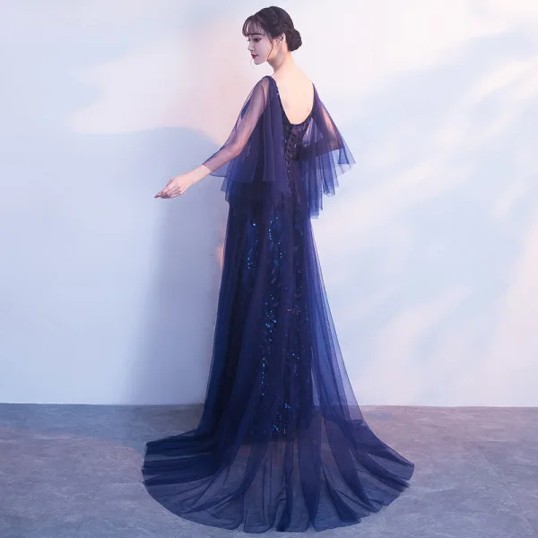 Élégant Bleu Marine Robe De Soirée 2019 Princesse V-Cou 3/4 Manches Appliques En Dentelle Glitter Tulle Train De Balayage Volants Dos Nu Robe De Ceremonie