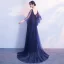 Élégant Bleu Marine Robe De Soirée 2019 Princesse V-Cou 3/4 Manches Appliques En Dentelle Glitter Tulle Train De Balayage Volants Dos Nu Robe De Ceremonie