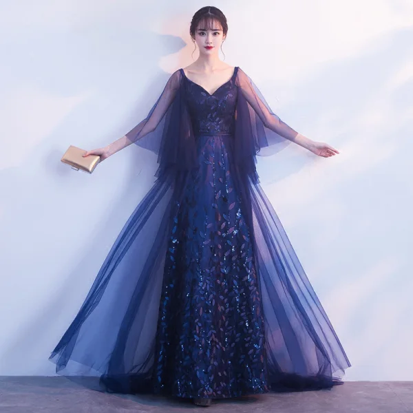 Élégant Bleu Marine Robe De Soirée 2019 Princesse V-Cou 3/4 Manches Appliques En Dentelle Glitter Tulle Train De Balayage Volants Dos Nu Robe De Ceremonie