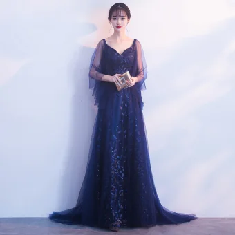 Élégant Bleu Marine Robe De Soirée 2019 Princesse V Cou 3 4 Manches Appliques En Dentelle Glitter Tulle Train De Balayage Volants Dos Nu Robe De Ceremonie