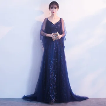 Élégant Bleu Marine Robe De Soirée 2019 Princesse V Cou 3 4 Manches Appliques En Dentelle Glitter Tulle Train De Balayage Volants Dos Nu Robe De Ceremonie