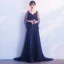 Élégant Bleu Marine Robe De Soirée 2019 Princesse V-Cou 3/4 Manches Appliques En Dentelle Glitter Tulle Train De Balayage Volants Dos Nu Robe De Ceremonie