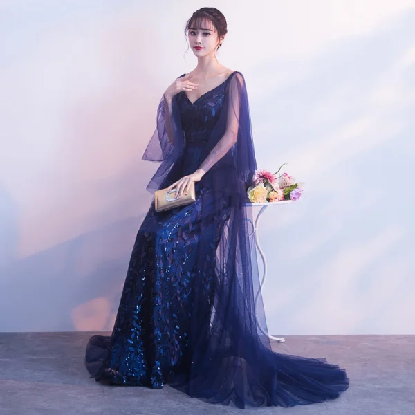 Élégant Bleu Marine Robe De Soirée 2019 Princesse V-Cou 3/4 Manches Appliques En Dentelle Glitter Tulle Train De Balayage Volants Dos Nu Robe De Ceremonie
