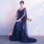 Élégant Bleu Marine Robe De Soirée 2019 Princesse V-Cou 3/4 Manches Appliques En Dentelle Glitter Tulle Train De Balayage Volants Dos Nu Robe De Ceremonie