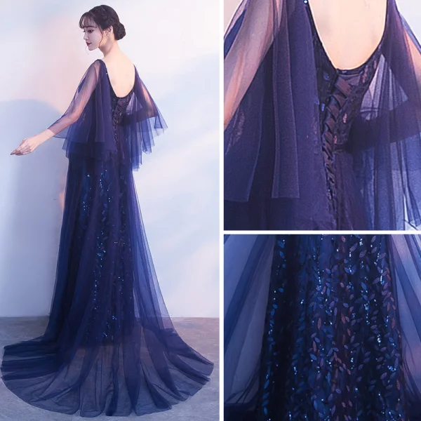 Élégant Bleu Marine Robe De Soirée 2019 Princesse V-Cou 3/4 Manches Appliques En Dentelle Glitter Tulle Train De Balayage Volants Dos Nu Robe De Ceremonie