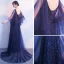 Élégant Bleu Marine Robe De Soirée 2019 Princesse V-Cou 3/4 Manches Appliques En Dentelle Glitter Tulle Train De Balayage Volants Dos Nu Robe De Ceremonie