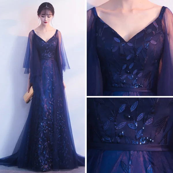 Élégant Bleu Marine Robe De Soirée 2019 Princesse V-Cou 3/4 Manches Appliques En Dentelle Glitter Tulle Train De Balayage Volants Dos Nu Robe De Ceremonie