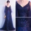 Élégant Bleu Marine Robe De Soirée 2019 Princesse V-Cou 3/4 Manches Appliques En Dentelle Glitter Tulle Train De Balayage Volants Dos Nu Robe De Ceremonie