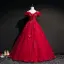 Modern / Fashion Burgundy Prom Dresses 2019 Ball Gown Off-The-Shoulder Short Sleeve Appliques Lace Rhinestone Beading Floor-Length / Long Ruffle Backless Formal Dresses