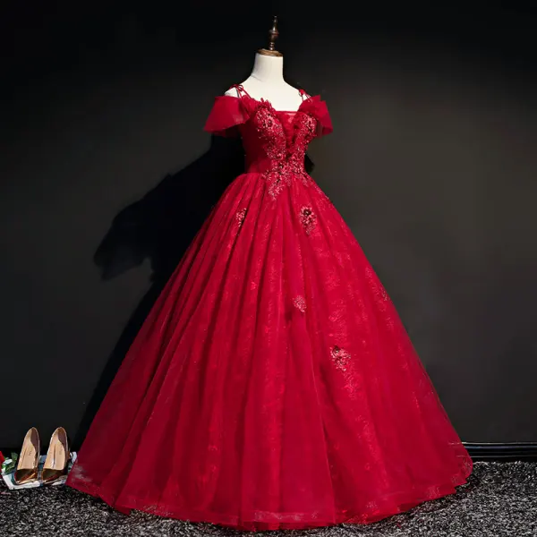 Modern / Fashion Burgundy Prom Dresses 2019 Ball Gown Off-The-Shoulder Short Sleeve Appliques Lace Rhinestone Beading Floor-Length / Long Ruffle Backless Formal Dresses