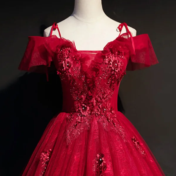 Modern / Fashion Burgundy Prom Dresses 2019 Ball Gown Off-The-Shoulder Short Sleeve Appliques Lace Rhinestone Beading Floor-Length / Long Ruffle Backless Formal Dresses