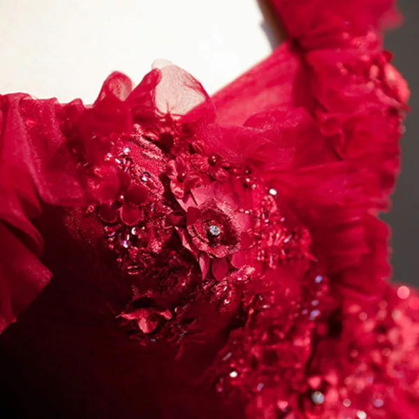 Modern / Fashion Burgundy Prom Dresses 2019 Ball Gown Off-The-Shoulder Short Sleeve Appliques Lace Rhinestone Beading Floor-Length / Long Ruffle Backless Formal Dresses
