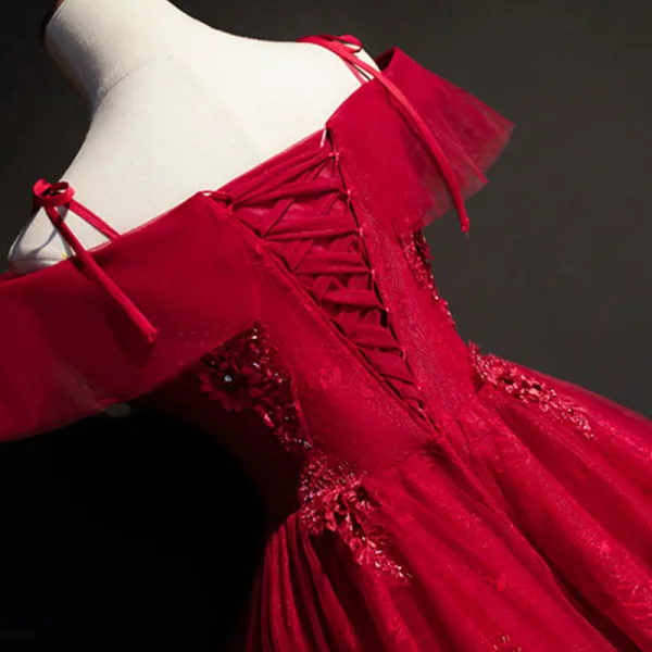 Modern / Fashion Burgundy Prom Dresses 2019 Ball Gown Off-The-Shoulder Short Sleeve Appliques Lace Rhinestone Beading Floor-Length / Long Ruffle Backless Formal Dresses