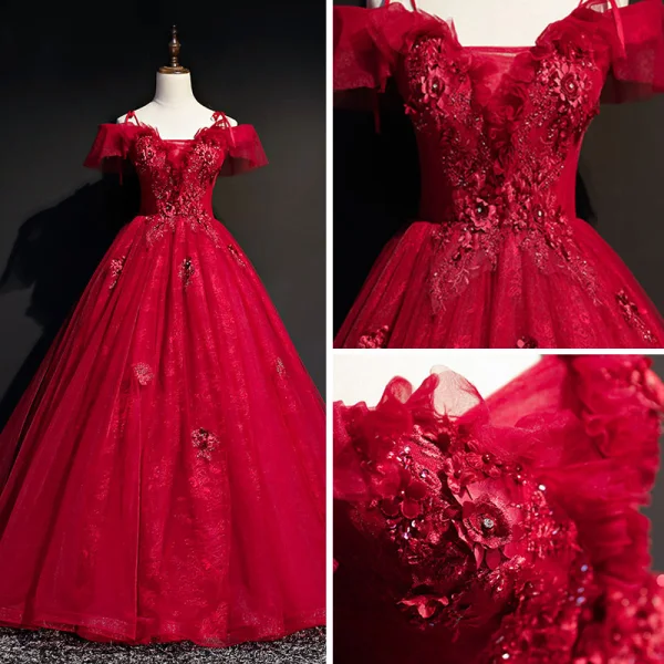Modern / Fashion Burgundy Prom Dresses 2019 Ball Gown Off-The-Shoulder Short Sleeve Appliques Lace Rhinestone Beading Floor-Length / Long Ruffle Backless Formal Dresses