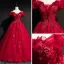Modern / Fashion Burgundy Prom Dresses 2019 Ball Gown Off-The-Shoulder Short Sleeve Appliques Lace Rhinestone Beading Floor-Length / Long Ruffle Backless Formal Dresses