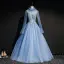 Vintage / Retro Sky Blue See-through Prom Dresses 2019 Ball Gown High Neck Long Sleeve Appliques Lace Beading Pearl Floor-Length / Long Ruffle Backless Formal Dresses